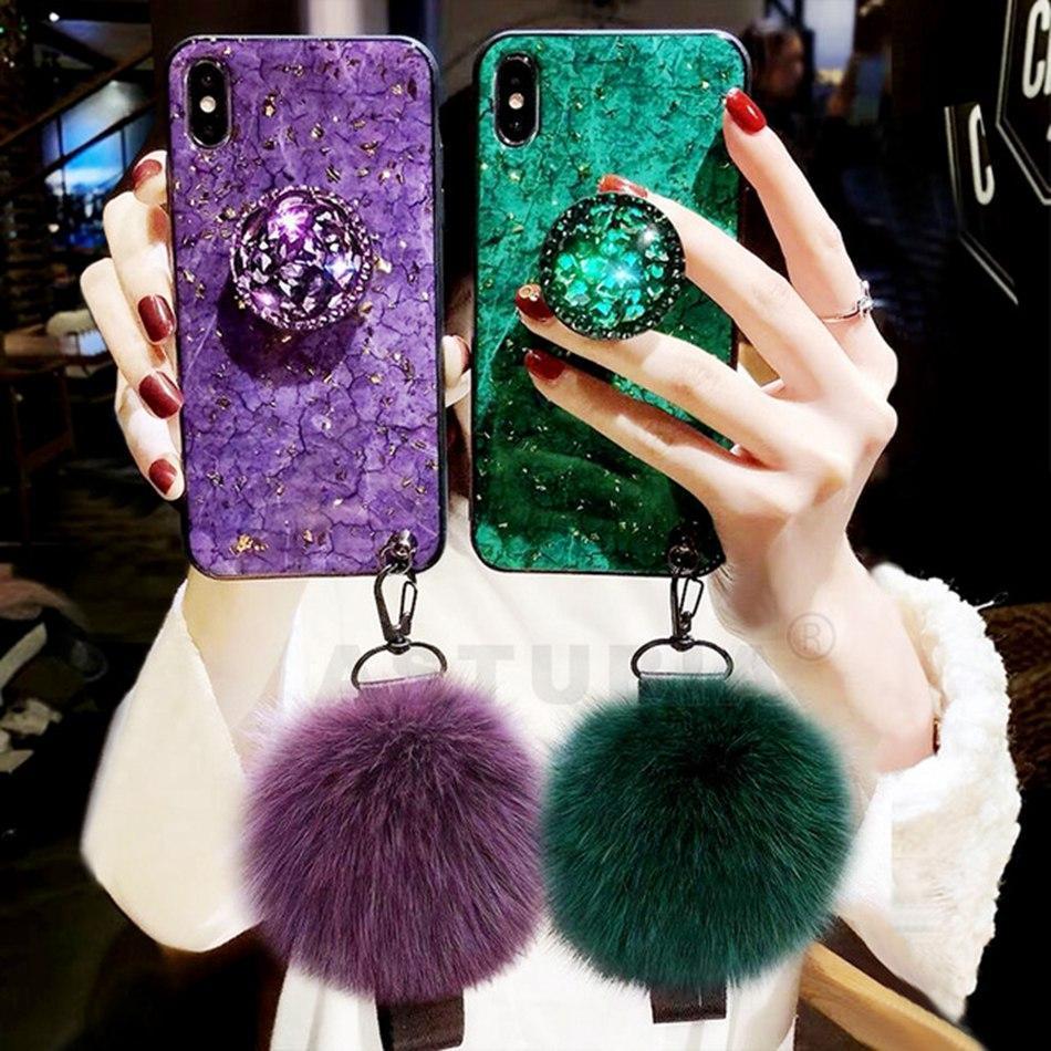Fluffy, Shiny & Fun For iPhone 6, 7, 8, X & 11 ALL Models π² Premium Marbled Style Phone Case With Fluffy Ball + FREE π SHIPPING Too!