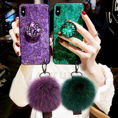 Image of Fluffy, Shiny & Fun For iPhone 6, 7, 8, X & 11 ALL Models π² Premium Marbled Style Phone Case With Fluffy Ball + FREE π SHIPPING Too!