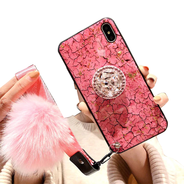Fluffy, Shiny & Fun For iPhone 6, 7, 8, X & 11 ALL Models π² Premium Marbled Style Phone Case With Fluffy Ball + FREE π SHIPPING Too!