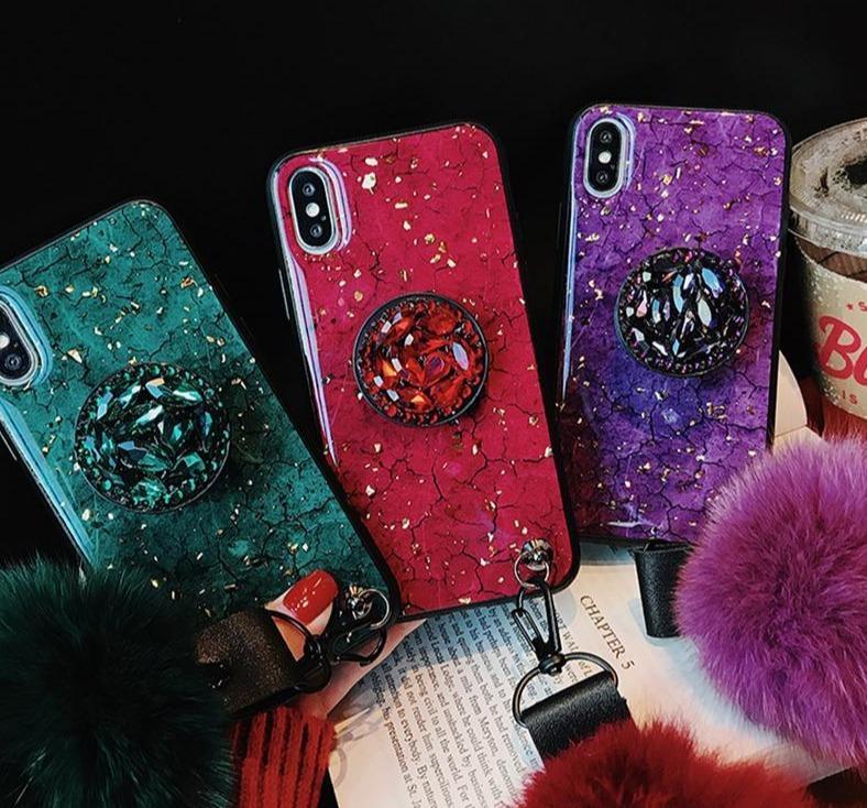 Fluffy, Shiny & Fun For iPhone 6, 7, 8, X & 11 ALL Models π² Premium Marbled Style Phone Case With Fluffy Ball + FREE π SHIPPING Too!
