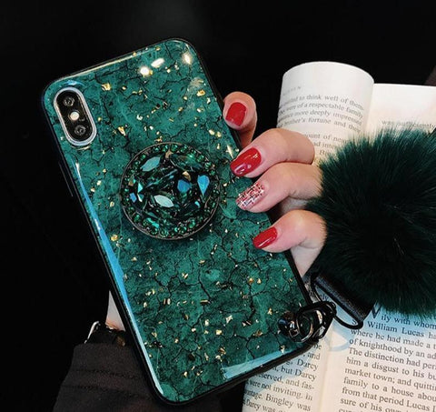 Image of Fluffy, Shiny & Fun For iPhone 6, 7, 8, X & 11 ALL Models π² Premium Marbled Style Phone Case With Fluffy Ball + FREE π SHIPPING Too!