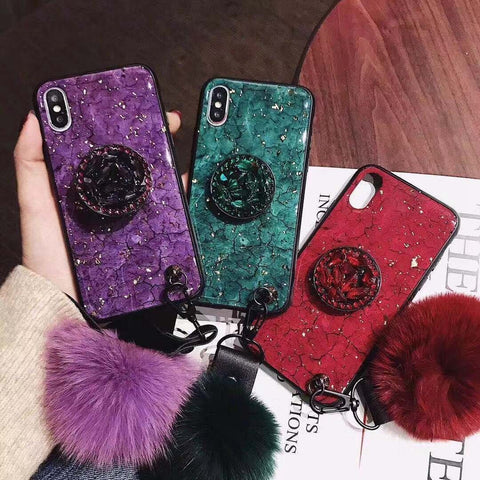 Image of Fluffy, Shiny & Fun For iPhone 6, 7, 8, X & 11 ALL Models 😲 Premium Marbled Style Phone Case With Fluffy Ball + FREE 🚛 SHIPPING Too!