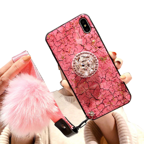 Image of Fluffy, Shiny & Fun For iPhone 6, 7, 8, X & 11 ALL Models 😲 Premium Marbled Style Phone Case With Fluffy Ball + FREE 🚛 SHIPPING Too!