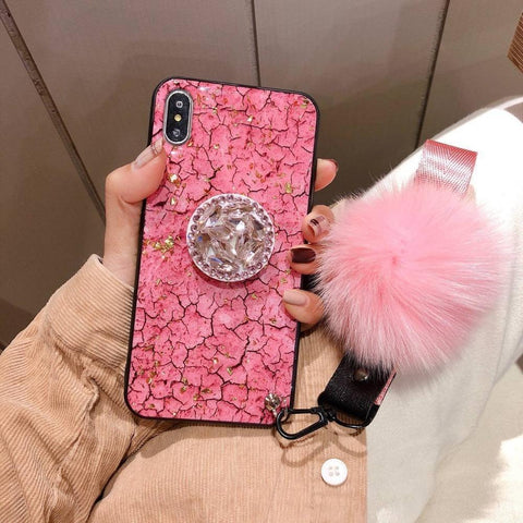 Image of Fluffy, Shiny & Fun For iPhone 6, 7, 8, X & 11 ALL Models 😲 Premium Marbled Style Phone Case With Fluffy Ball + FREE 🚛 SHIPPING Too!