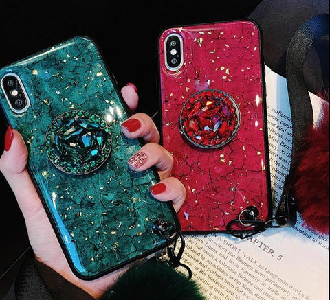 Image of Fluffy, Shiny & Fun For iPhone 6, 7, 8, X & 11 ALL Models 😲 Premium Marbled Style Phone Case With Fluffy Ball + FREE 🚛 SHIPPING Too!